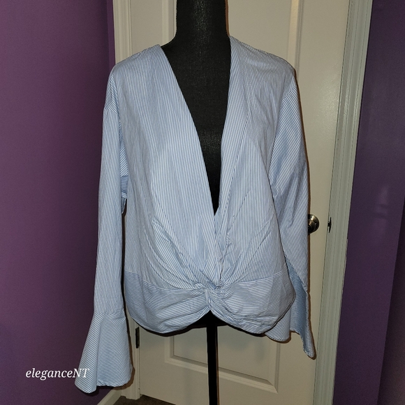 Fashion to Figure Blue/White Pinstripe knot Front L/S wrap shirt  Sz: 0X NWT - Picture 3 of 9